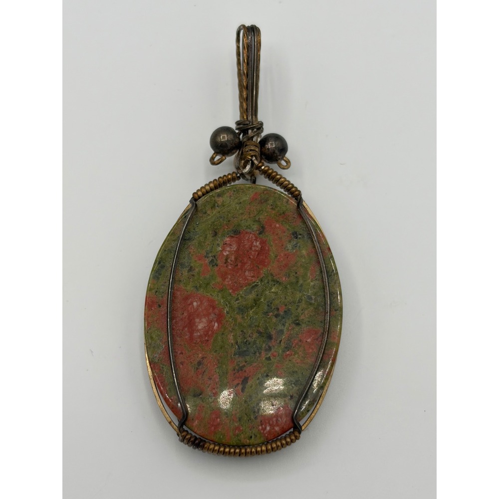 Handmade Wire Wrapped Unakite Jasper Pendant Oval Green Pink Earthy Artisan - Picture 2 of 3